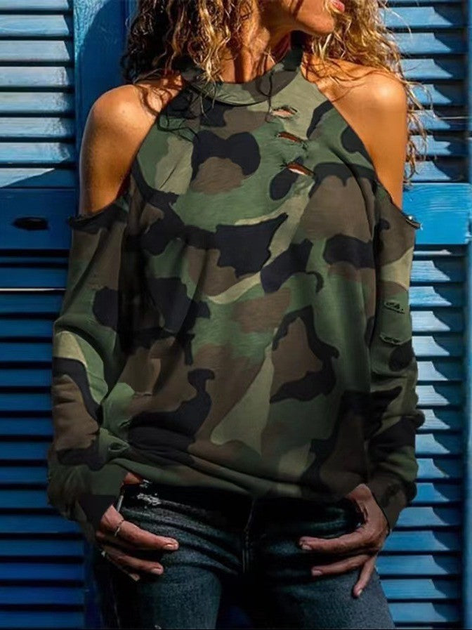 Damen Lässiger Camouflage Pullover mit Off-Shoulder Design Stalluxe