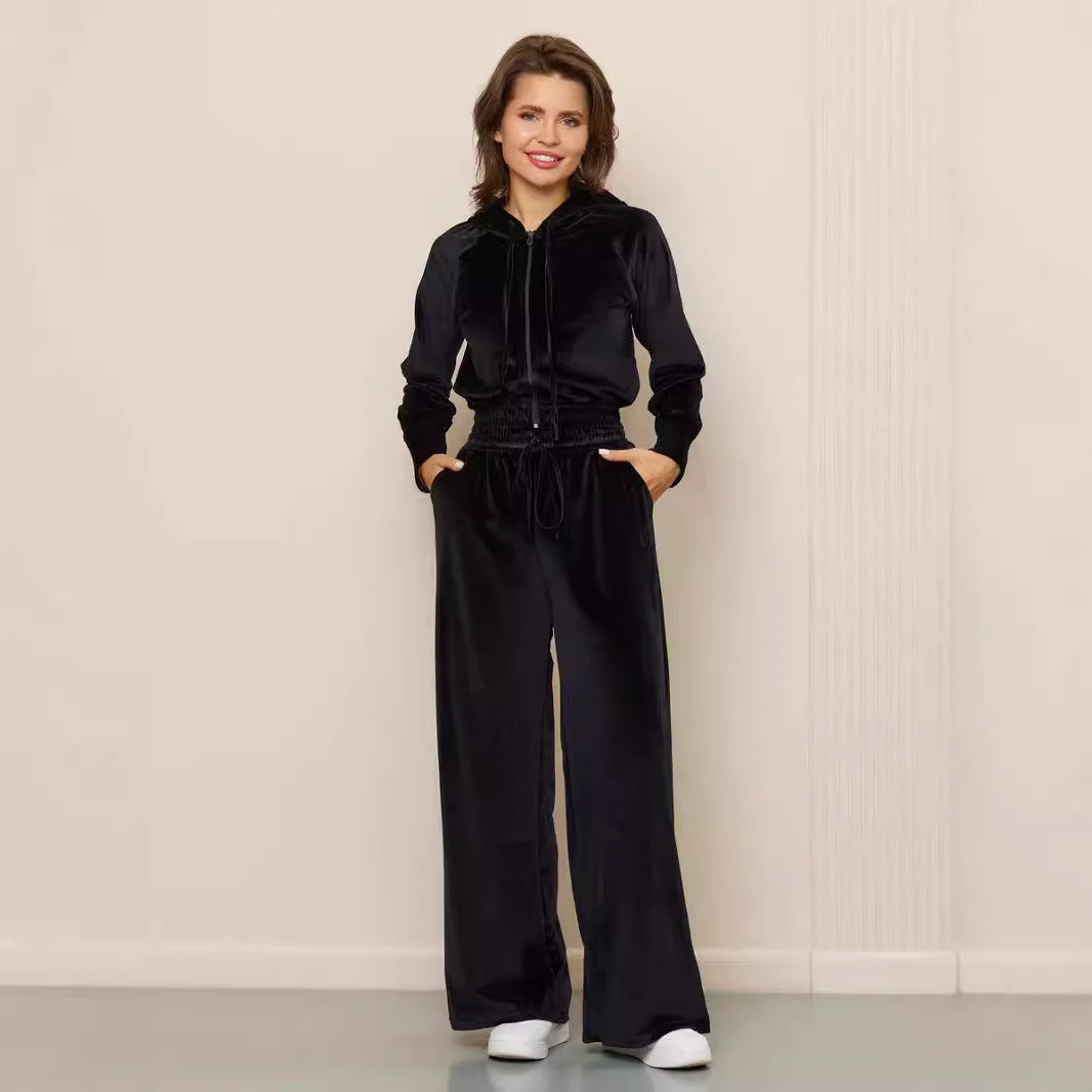 Damen luxuriöser Velours-Hoodie und weite Hose Set Stalluxe