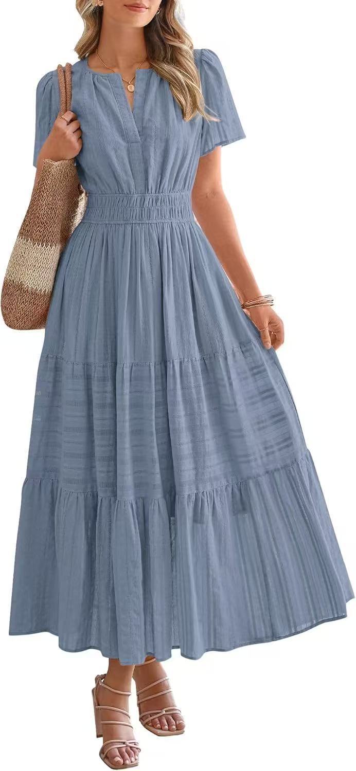Damen Maxikleid mit modischem V-Ausschnitt und luftigen Rüschen Stalluxe