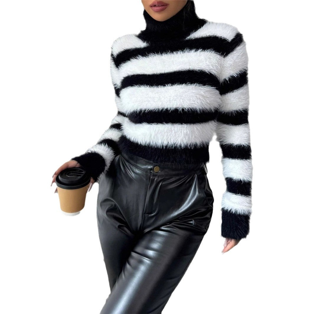 Damen modischer Strickpullover mit trendigem gestreiften Design und hohem Kragen Stalluxe