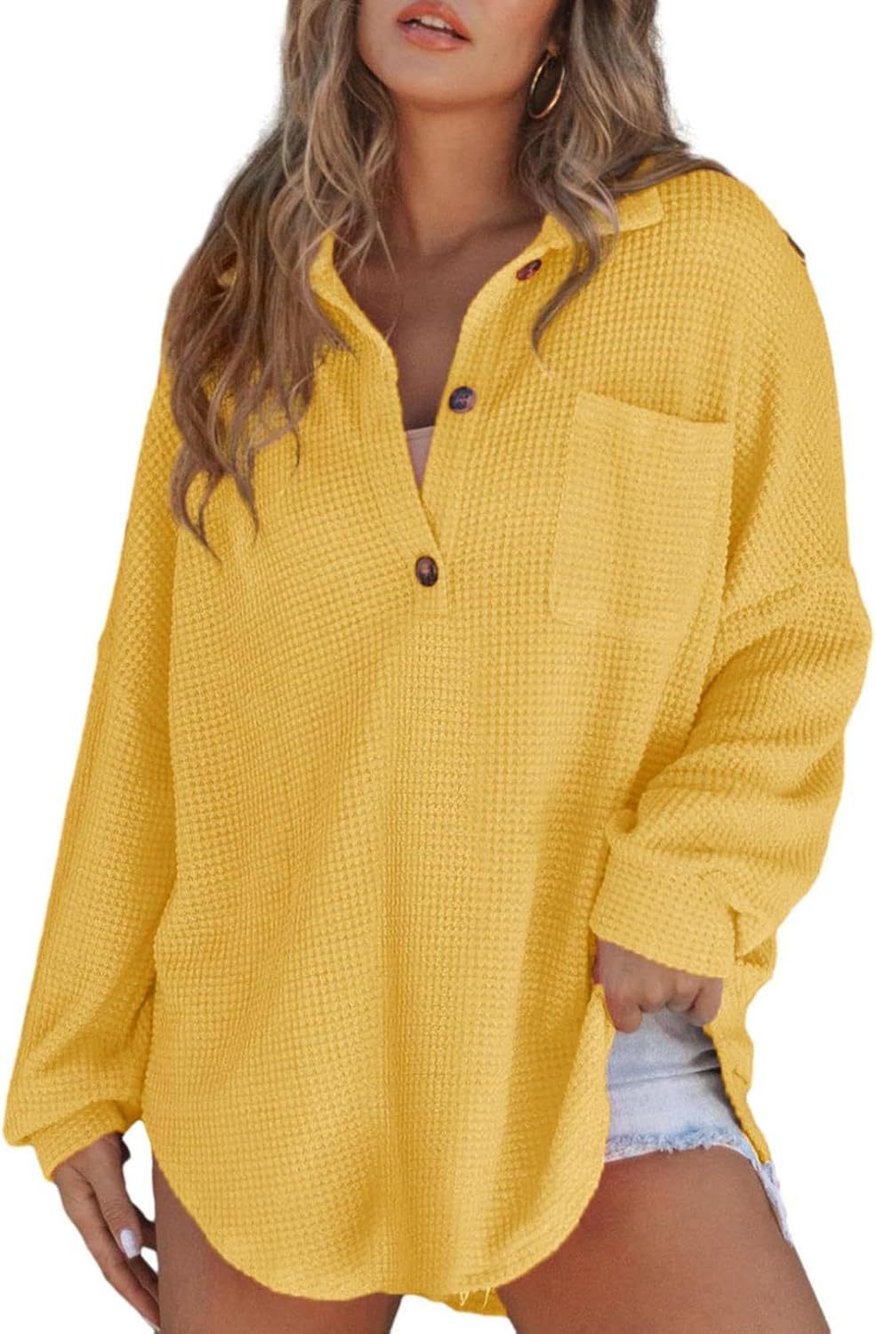 Damen lässiges Waffelshirt mit Knopfdetails und Taschen Stalluxe