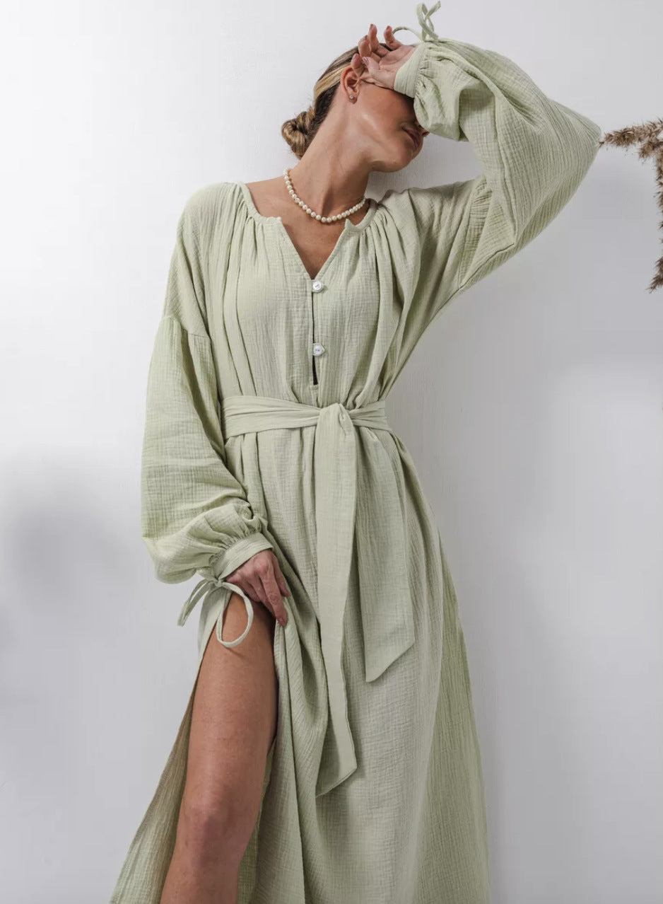 Damen elegantes Maxikleid mit Taillengürtel und Ballonärmeln Stalluxe