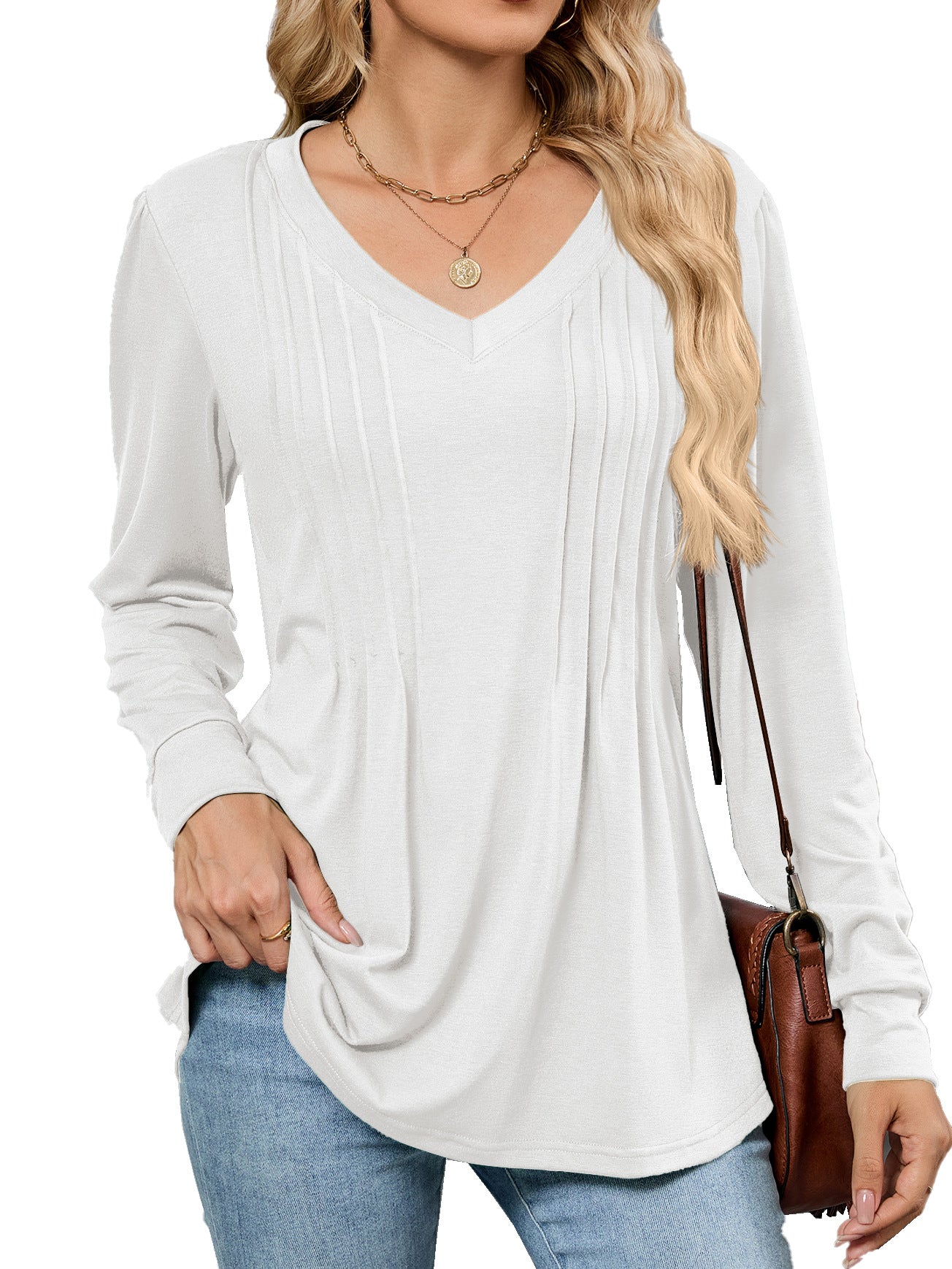 Damen Viskose Blusenshirt mit eleganten Falten und V-Ausschnitt Stalluxe