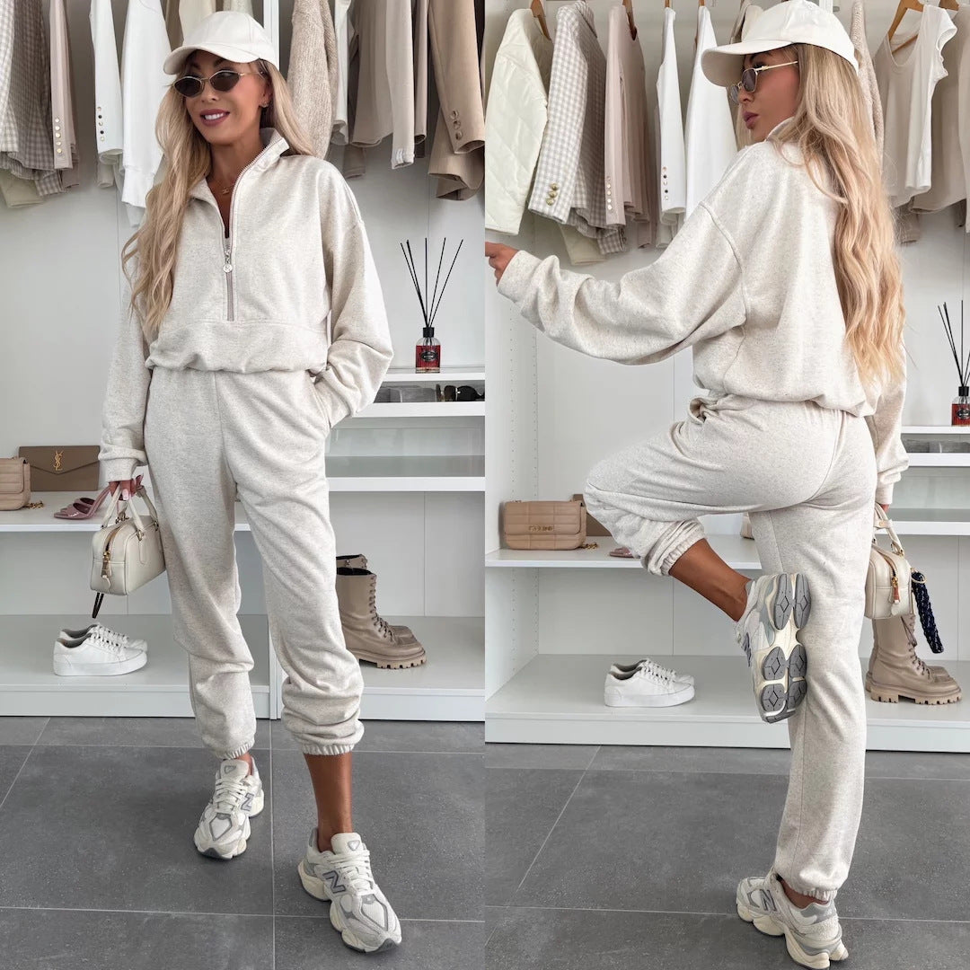 Damen sportliches Fleece-Set mit halbem Reißverschluss und elastischem Bund Stalluxe