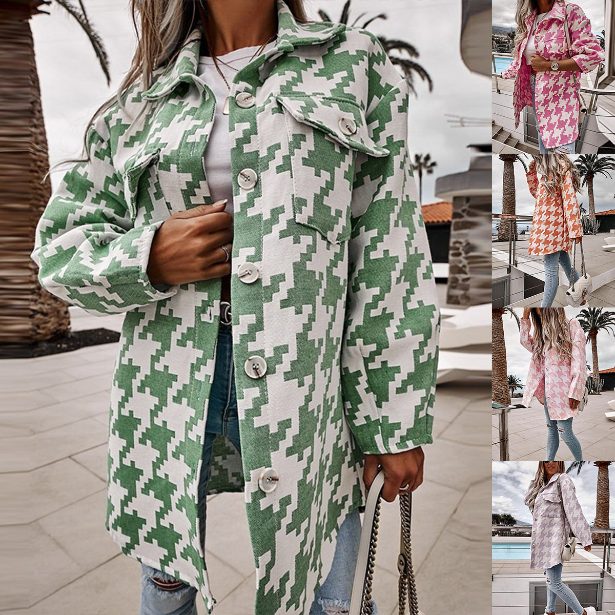 Damen Oversized Jacke im Hahnentritt-Design mit Taschen Stalluxe