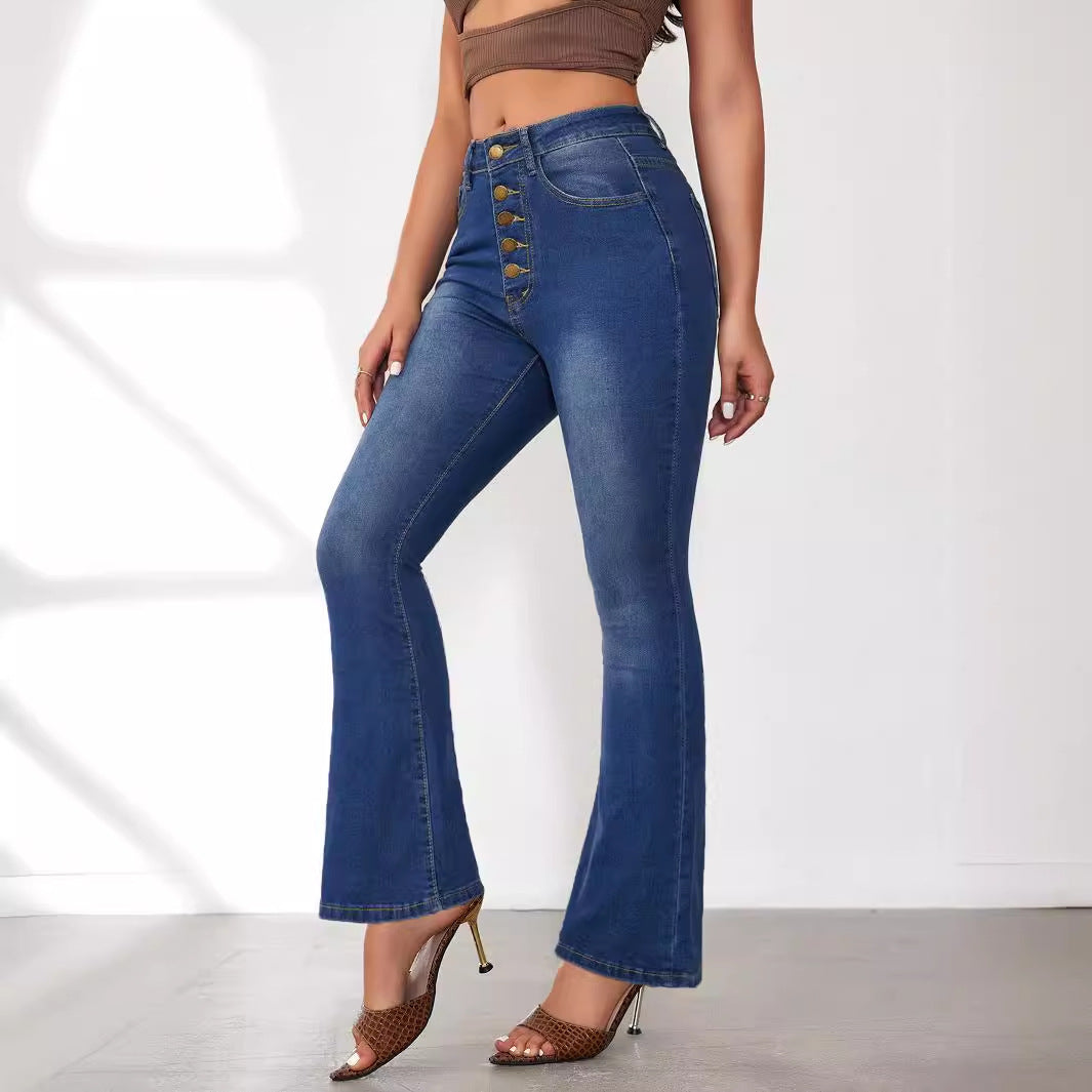 Damen Flared Jeans mit hohen Bund und modischen Knopfdetails Stalluxe