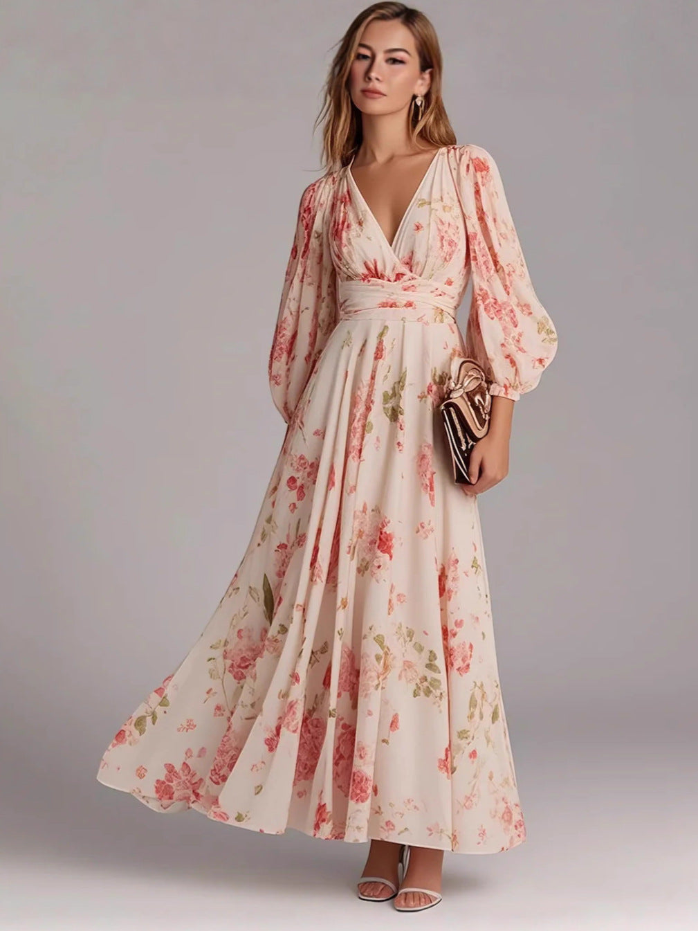 Damen Maxikleid mit tiefem V-Ausschnitt und voluminösen Ärmeln Stalluxe