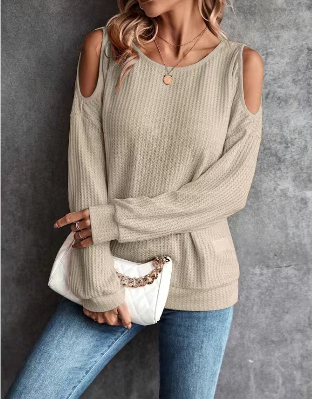 Women's Cold-Shoulder Waffle Knit Top Stalluxe