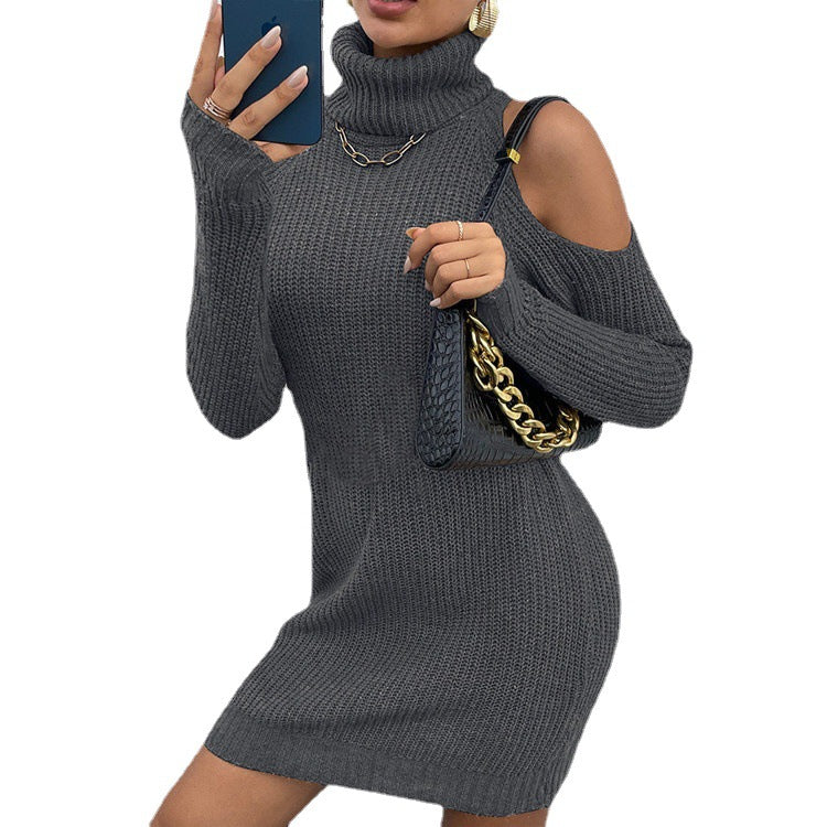 Damen Strickkleid mit schickem Rollkragen und offenen Schultern Stalluxe