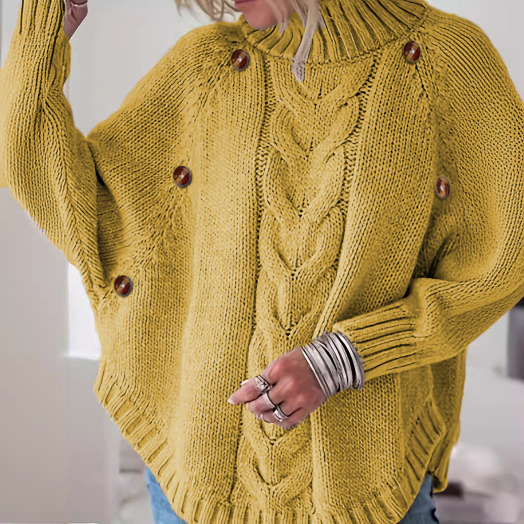 Damen Lockere Strickpullover mit hohem Kragen und dekorativen Knöpfen Stalluxe