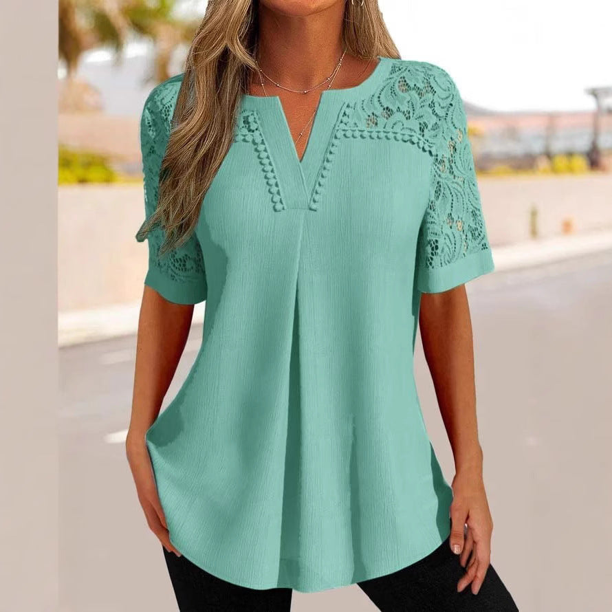 Damen modische Bluse mit Spitzenärmeln und elegantem V-Ausschnitt Stalluxe