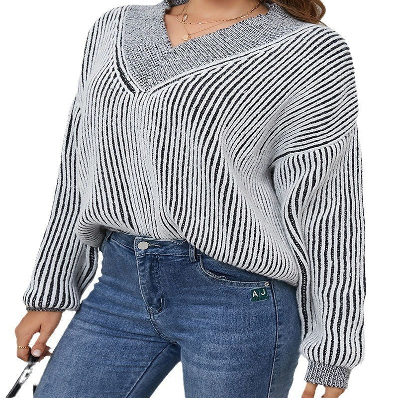 Damen Oversize-Strickpullover mit V-Ausschnitt und grafischem Streifenmuster Stalluxe
