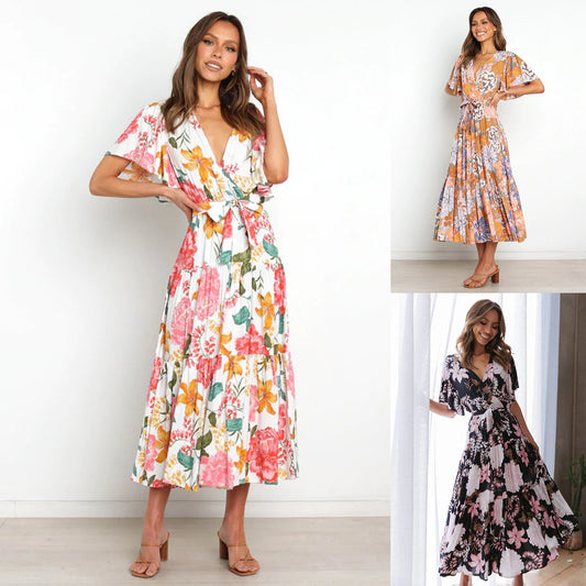 Damen Maxikleid mit floralem Wickeldesign und elastischem Taillengürtel Stalluxe