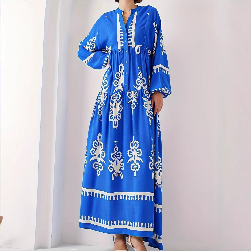 Damen langes Kaftankleid mit floralen Akzenten und Knopfleiste Stalluxe