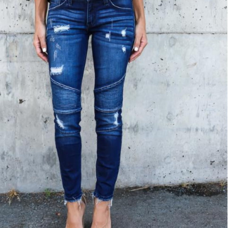 Damen schmal geschnittene Jeans mit modischem Rippdesign und ausgefranstem Saum Stalluxe