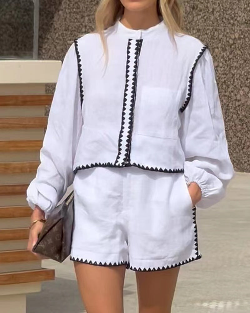 Damen Lässiges Oberteil und Shorts Set mit dekorativem Rand Stalluxe