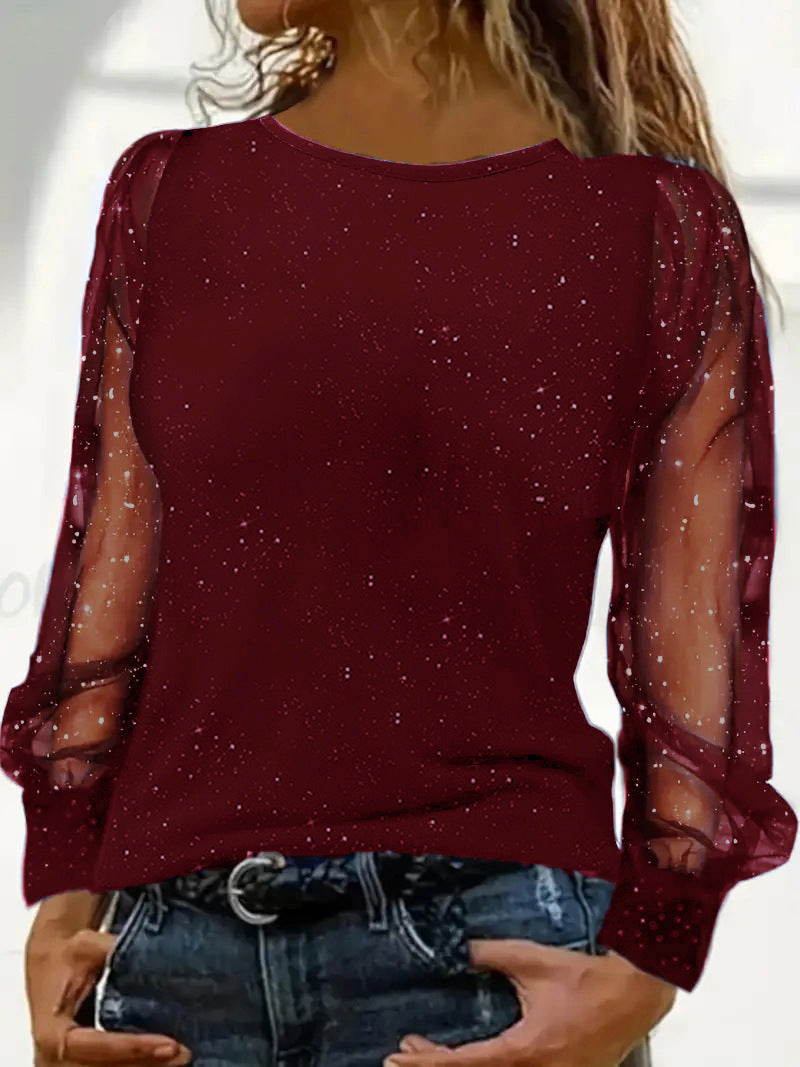 Damen elegantes Oberteil mit glitzernden transparenten Ärmeln Stalluxe