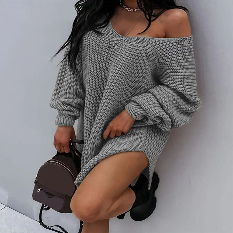 Damen Oversize Strickkleid mit weitem Rundhalsausschnitt und lässiger Passform Stalluxe