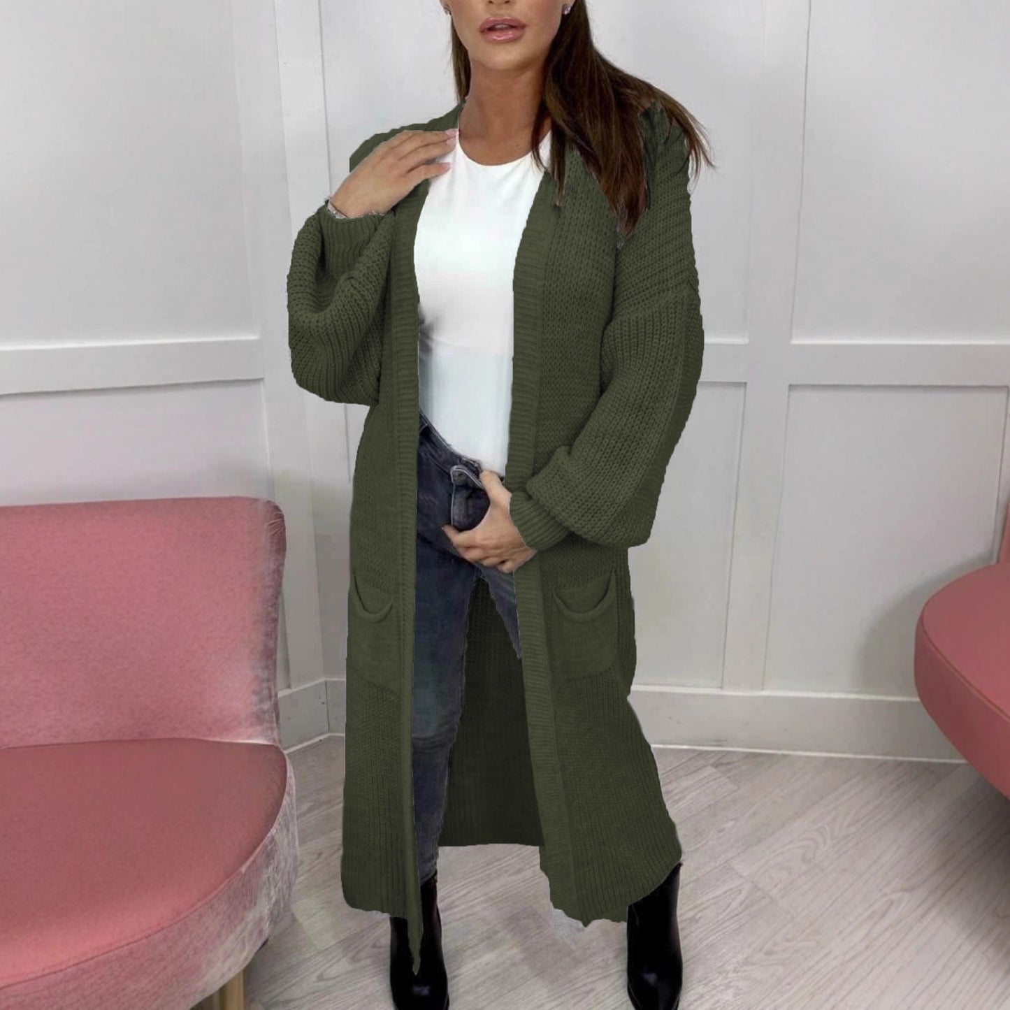 Damen Langer Strickcardigan mit strukturierter Maschenoptik und praktischen Taschen Stalluxe
