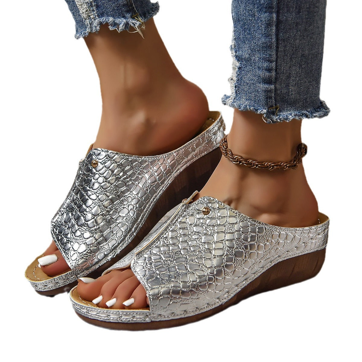 Damen Komfortable Keil-Clogs mit eleganter Kroko-Optik Stalluxe