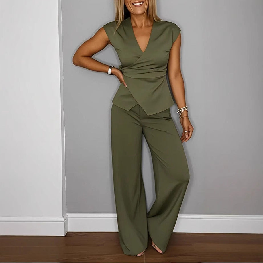 Damen elegantes Wickeloberteil mit weit geschnittenen Hosen Stalluxe