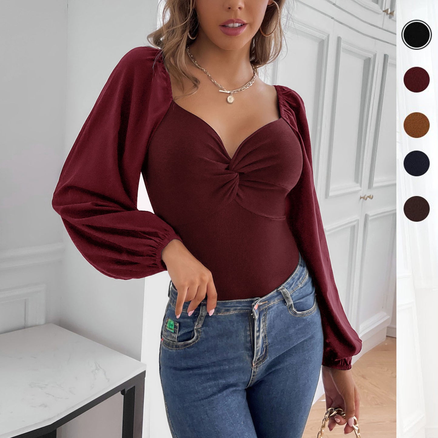 Damen Body mit eleganter Knötchen-Details und romantischen Puffärmeln Stalluxe