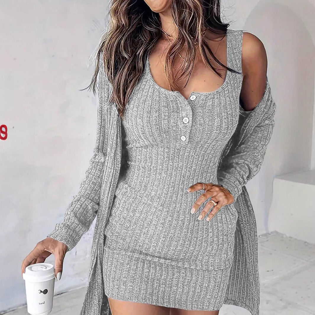 Damen Strickkleid mit Knopfleiste und luftiger Cardigan-Überjacke Stalluxe