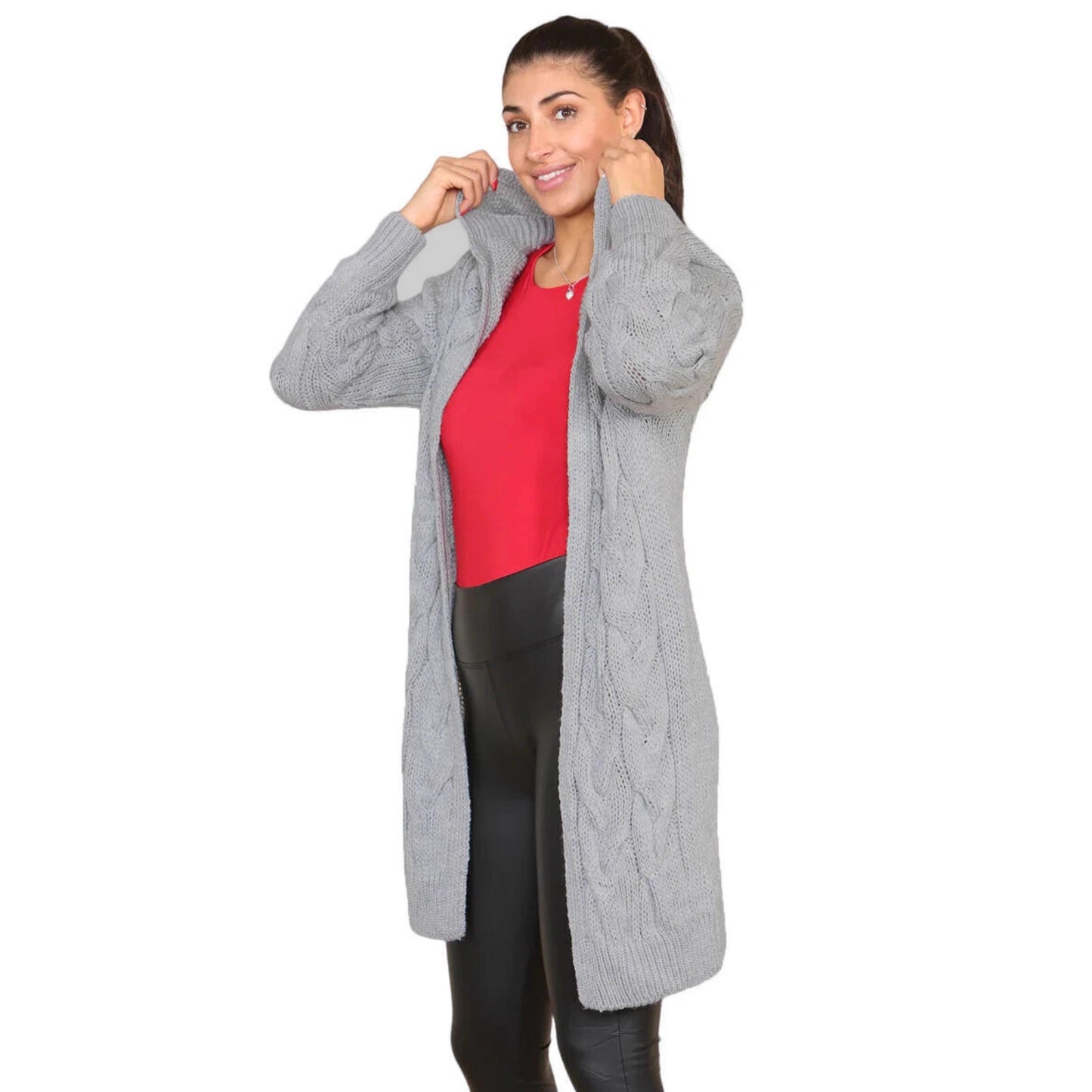 Damen Langer Strickmantel mit elegantem Zopfmuster und Kapuze Stalluxe