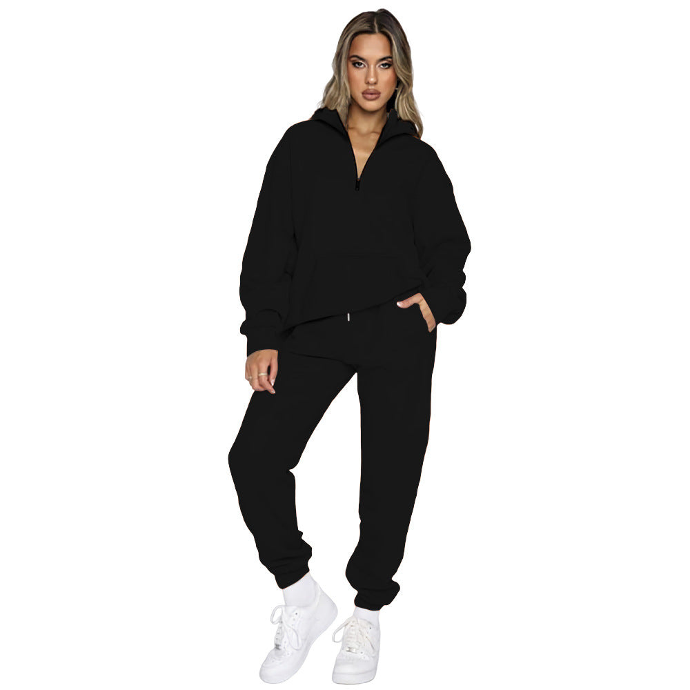 Damen gemütlicher Two-Piece Sweatsuit mit halbem Reißverschluss und praktischen Taschen Stalluxe
