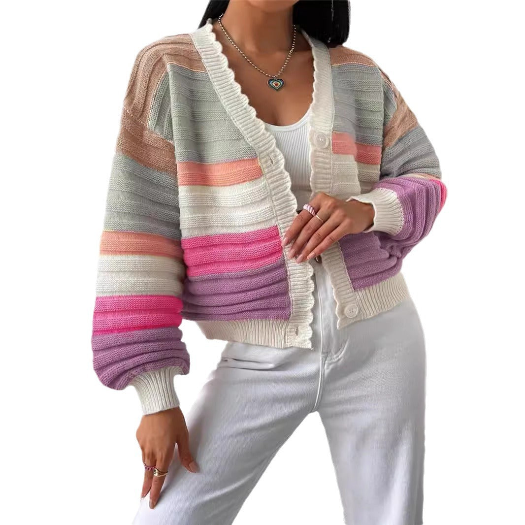 Damen Strickjacke mit modernem Streifenmuster und voluminösen Ärmeln Stalluxe