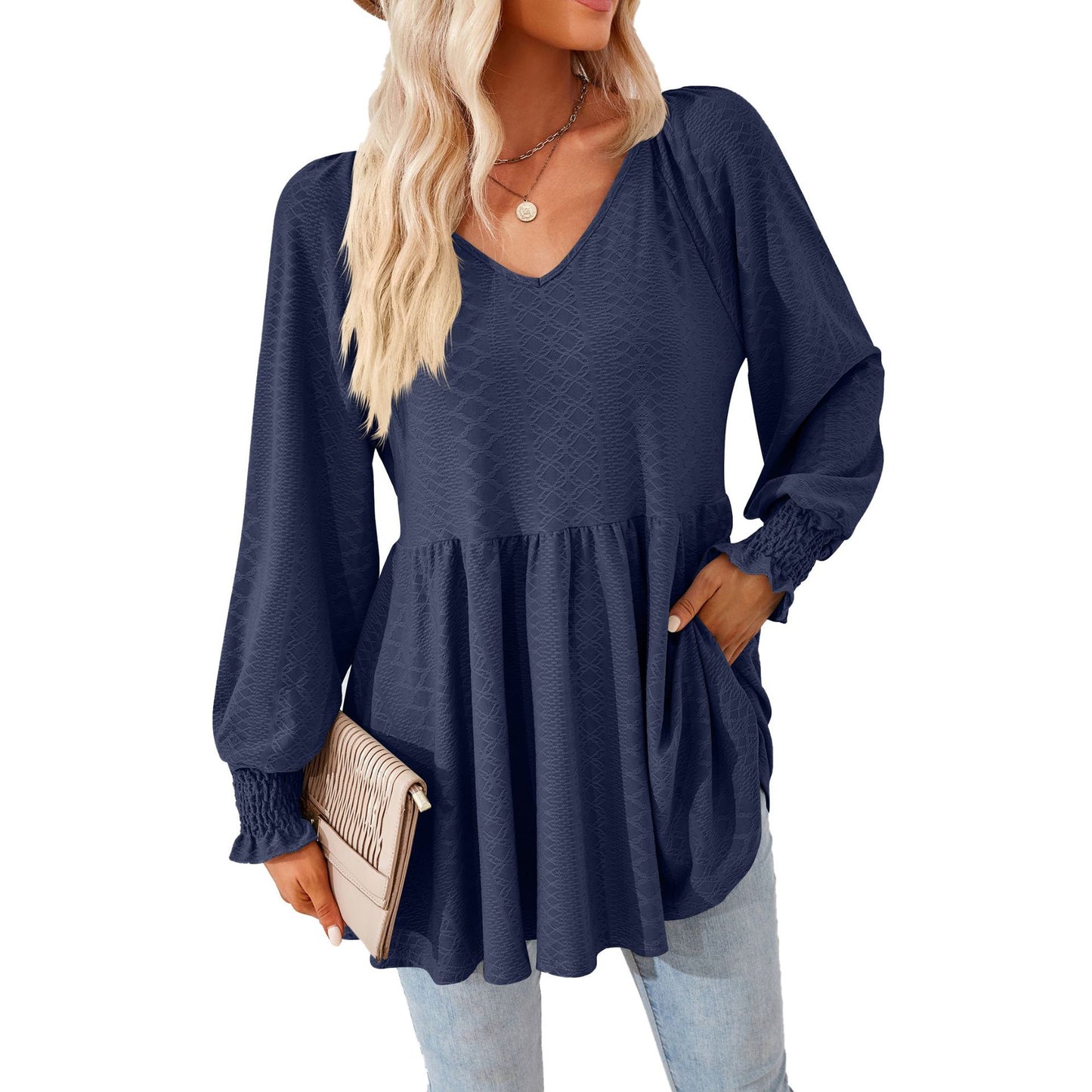Damen lässiges V-Ausschnitt Blusenshirt mit Rüschen und Taschen Stalluxe