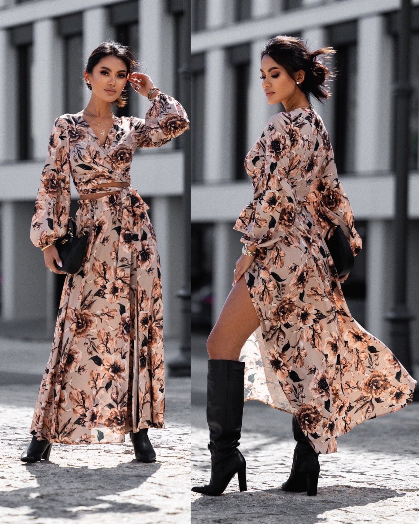 Damen Maxikleid mit Wickeldesign und voluminösen Ärmeln Stalluxe