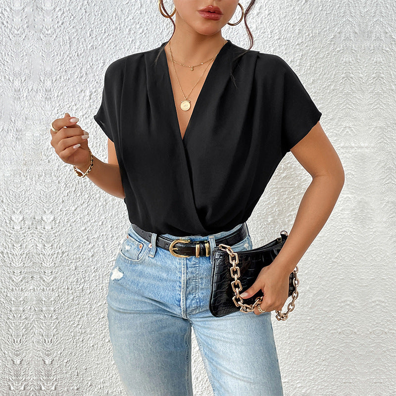 Damen Body mit eleganter Wickeloptik und kurzen Ärmeln Stalluxe