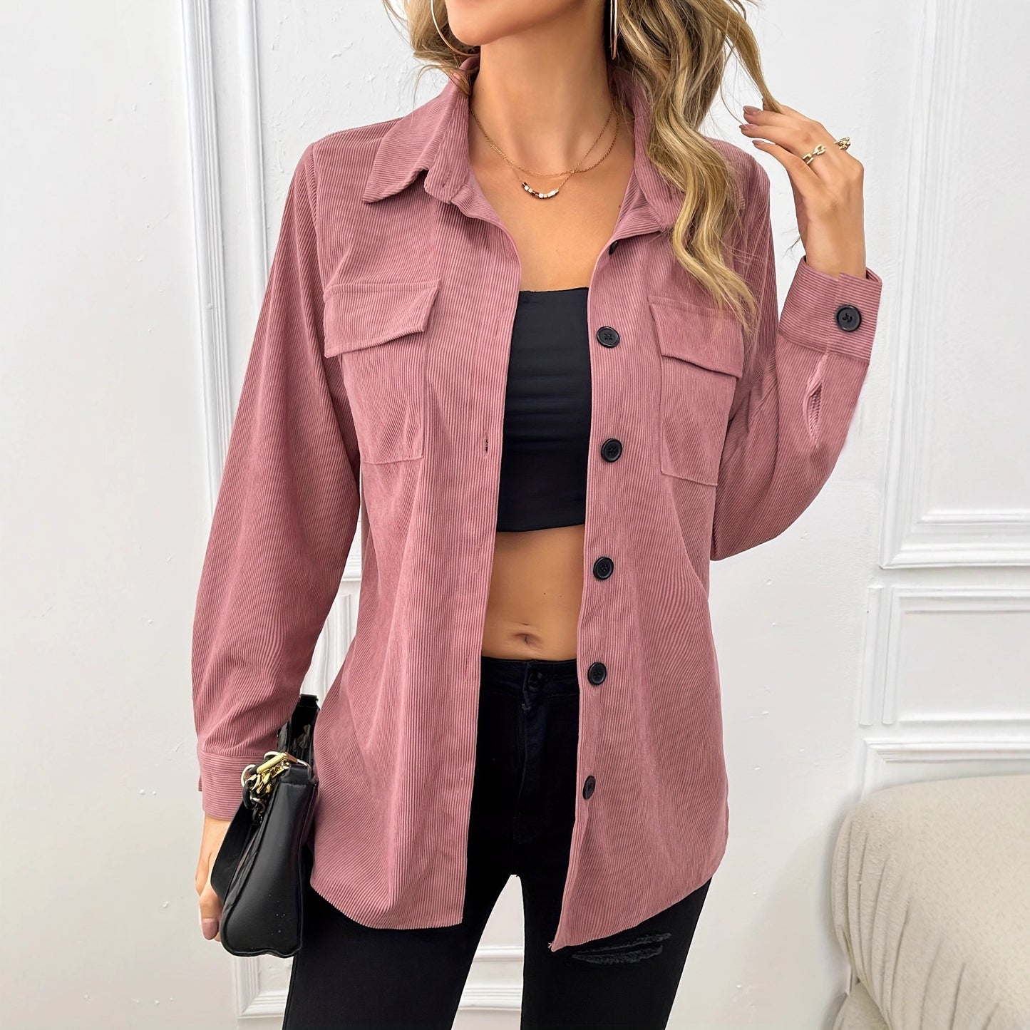 Damen lässige Cordjacke mit praktischen Taschen und Knopfverschluss Stalluxe