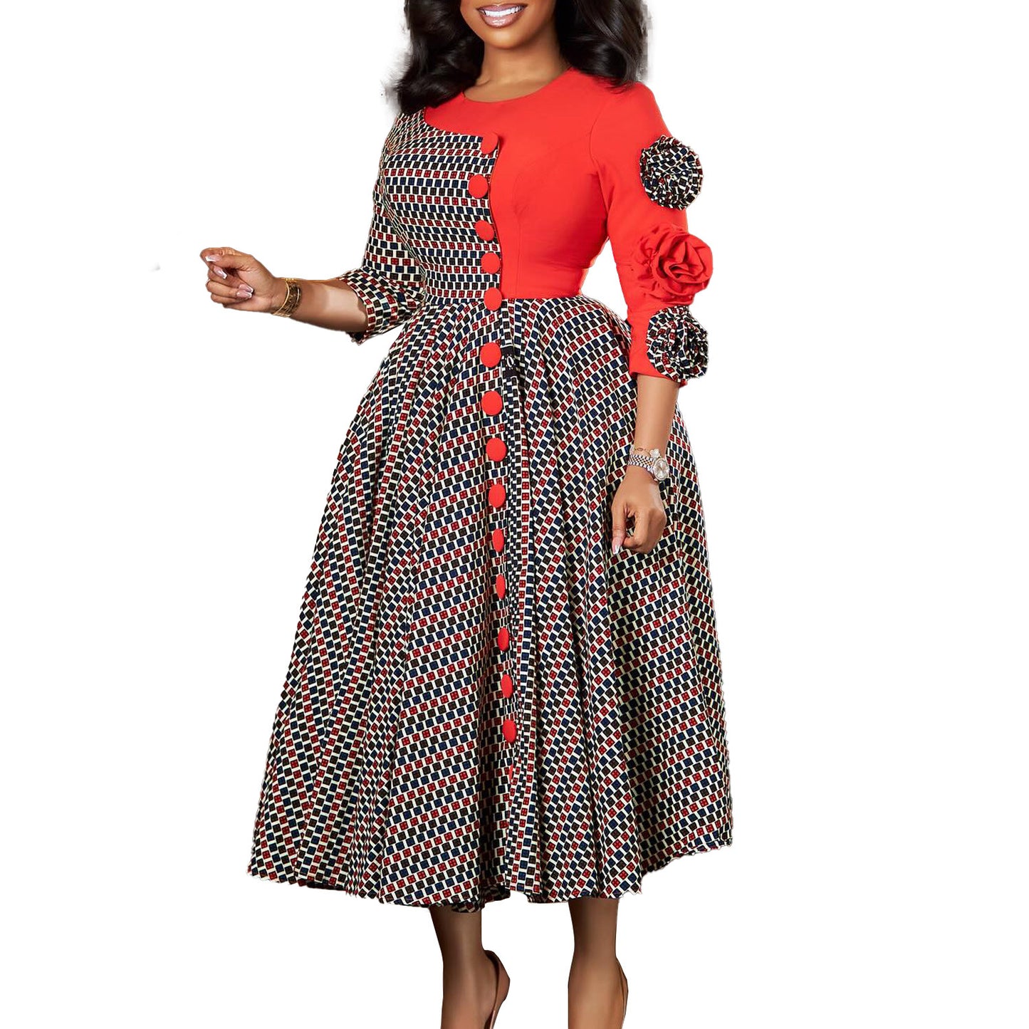 Damen Midikleid mit Knopfdetail und floralem Ärmel Stalluxe