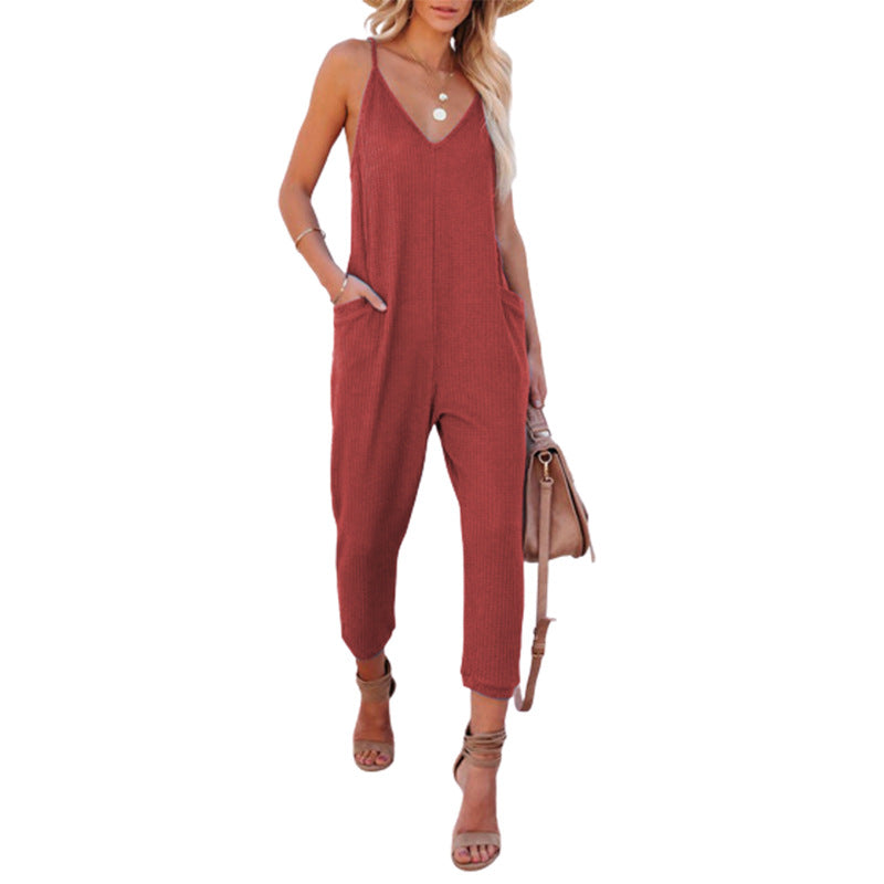 Damen Lässiger Jumpsuit mit tiefem V-Ausschnitt und praktischen Taschen Stalluxe