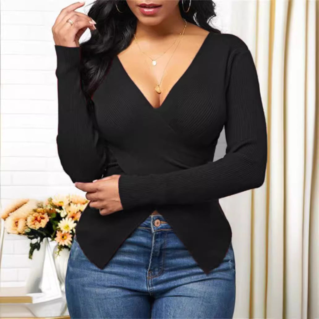 Damen elegantes Wickeloberteil mit strukturiertem Rippstoff und tiefem V-Ausschnitt Stalluxe
