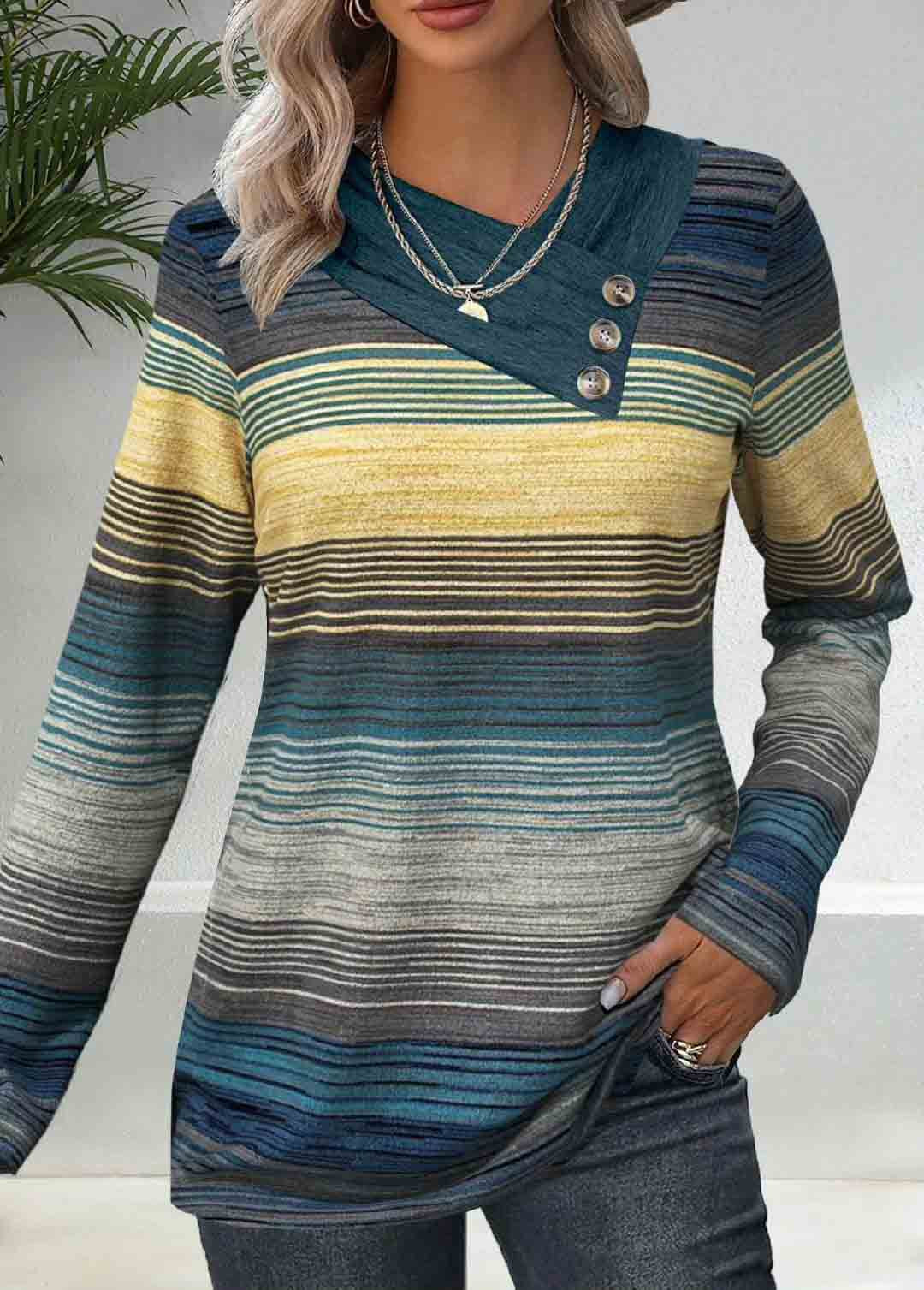 Damen elegantes Langarmshirt mit modernem Streifenmuster und Knopfdetails Stalluxe