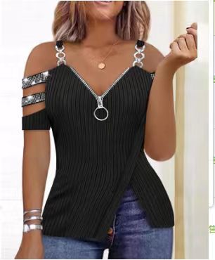 Damen Trendy Off-Shoulder Top mit Reißverschluss und Designer-Riemen Stalluxe