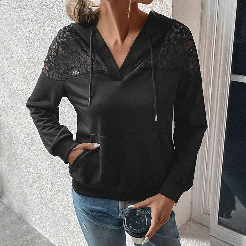 Damen Kapuzenpullover mit Spitzenbesatz und Kängurutasche Stalluxe