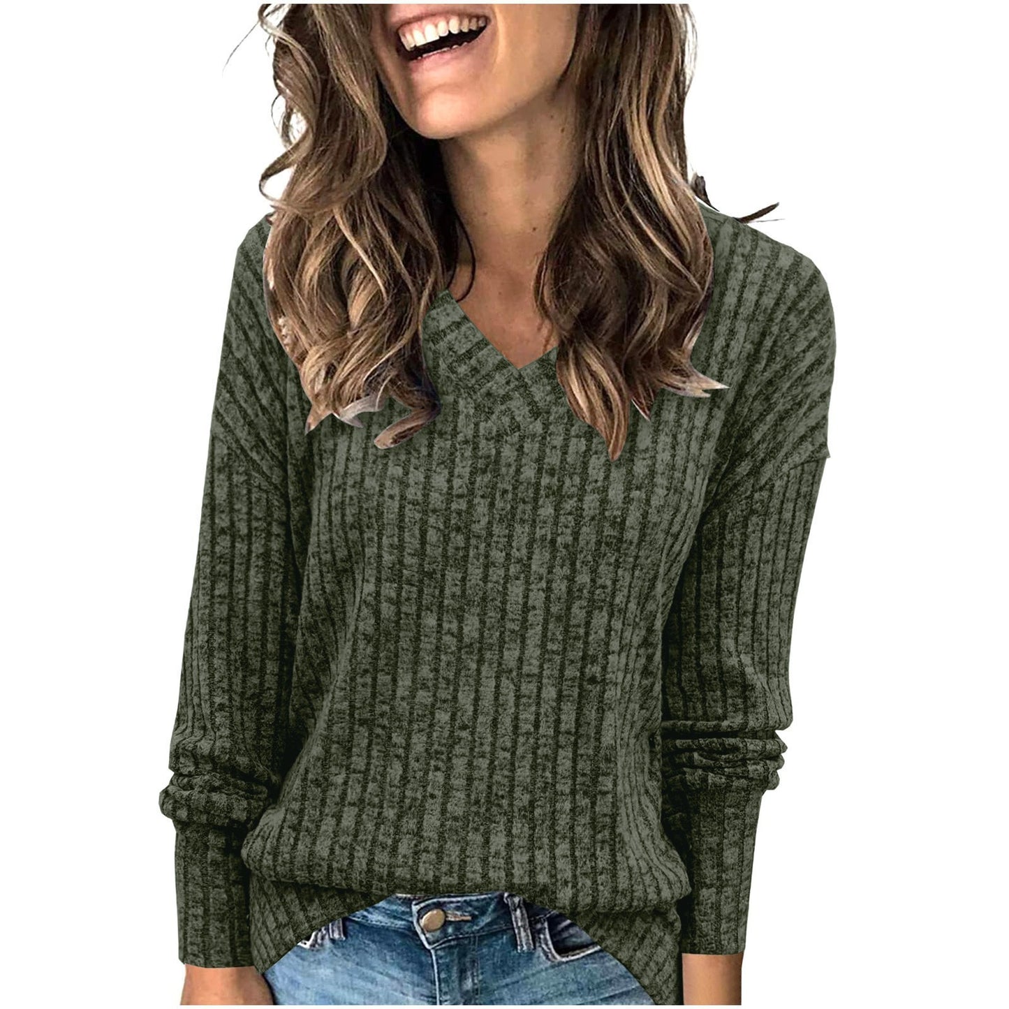 Damen V-Ausschnitt Pullover mit feinen Streifen Stalluxe