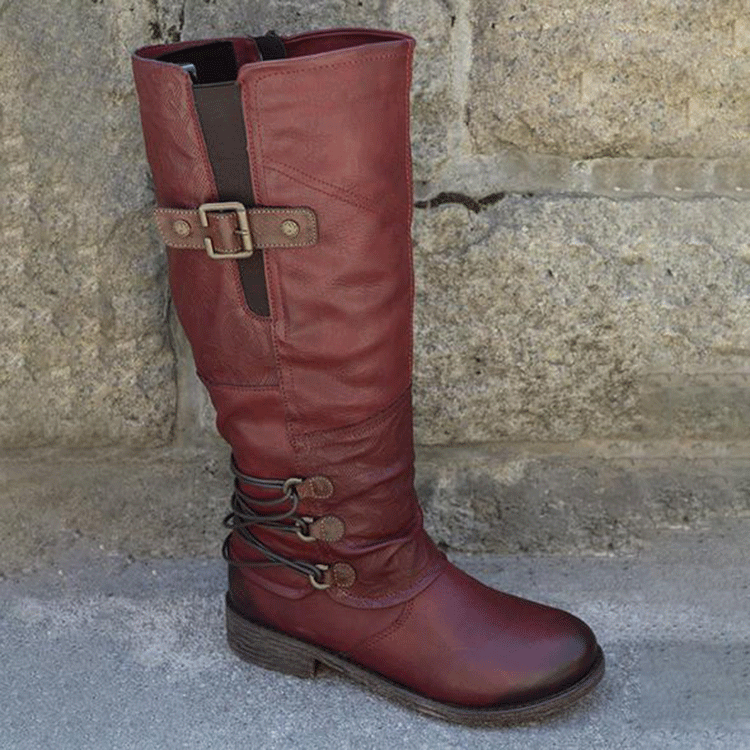 Damen hohe Lederstiefel mit dekorativen Schnallen und elastischen Riemen Stalluxe