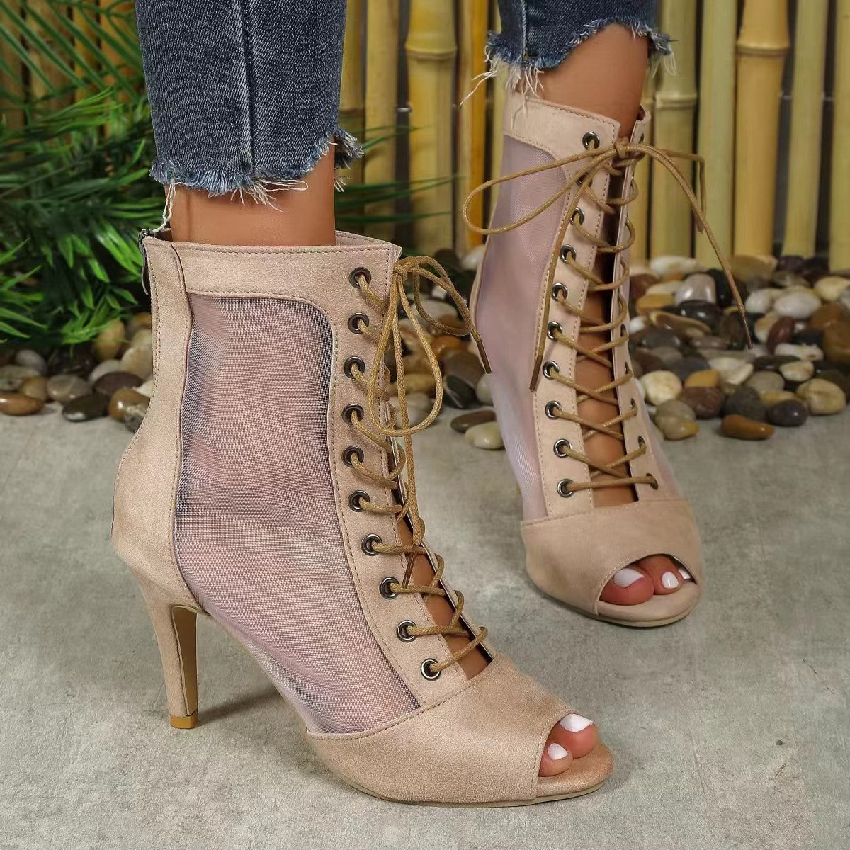 Damen Halboffene High Heel Stiefel mit transparentem Seiteneinsatz und Schnürung Stalluxe