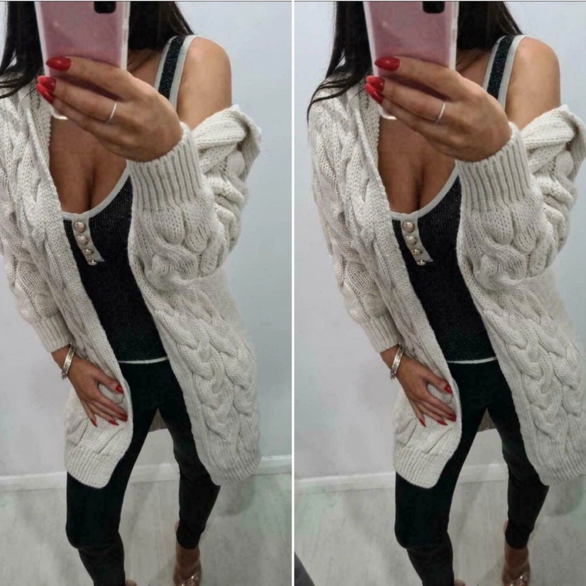 Damen Langer Strickmantel mit strukturiertem Zopfdesign und praktischer Kapuze Stalluxe