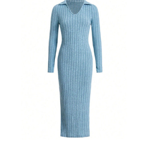 Damen Langärmliges Rippkleid mit Slit und Kragen Stalluxe