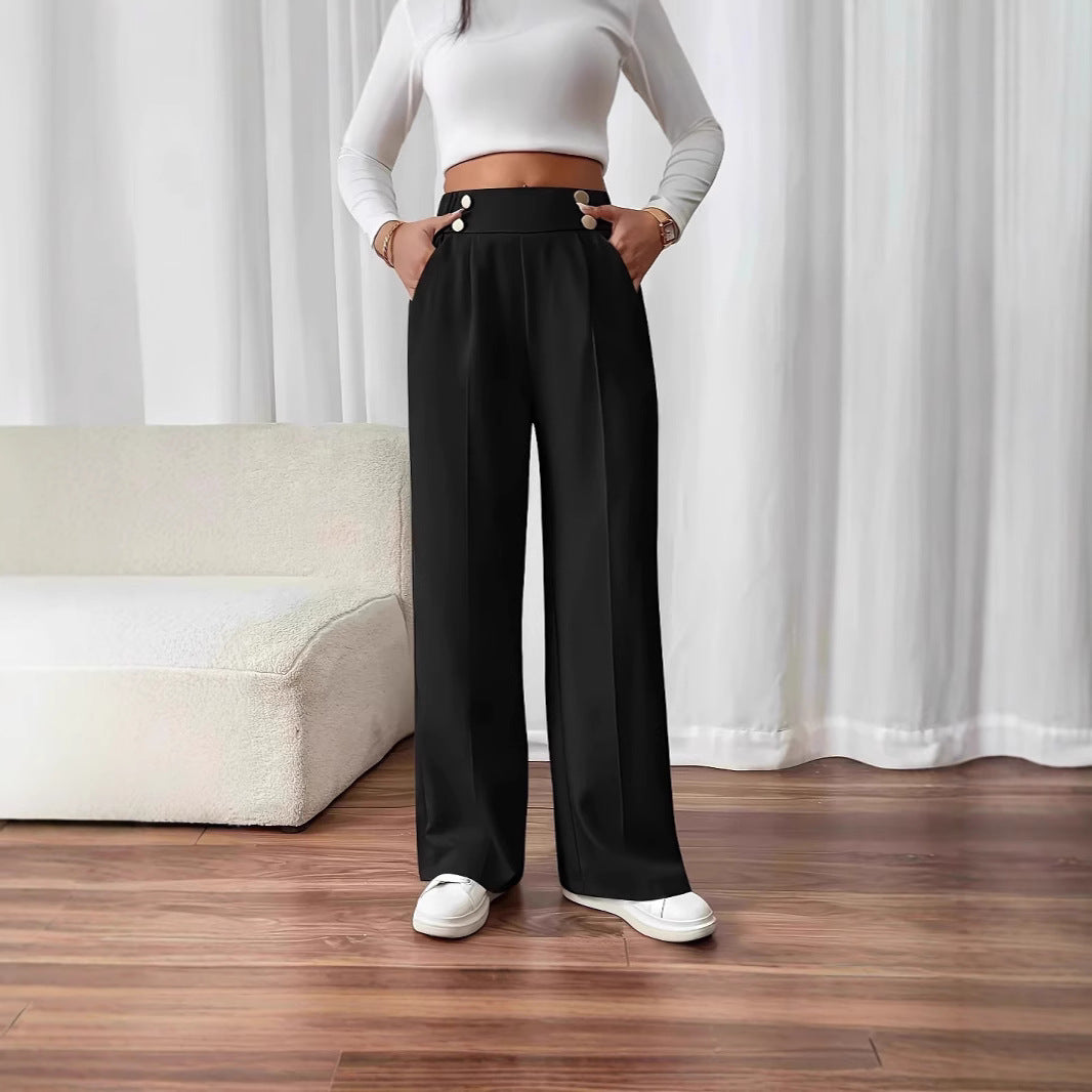 Damen Hoch taillierte Palazzo-Hose mit seitlichen Taschen und dekorativen Knopfdetails Stalluxe
