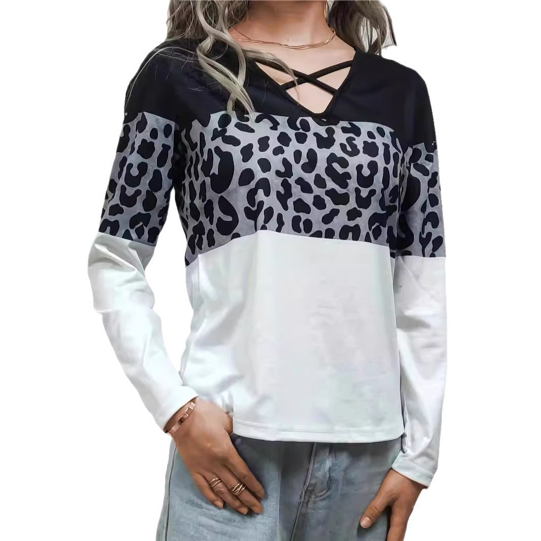 Damen lässiges Langarmshirt mit modischem Leopardenmuster und raffiniertem V-Ausschnitt Stalluxe
