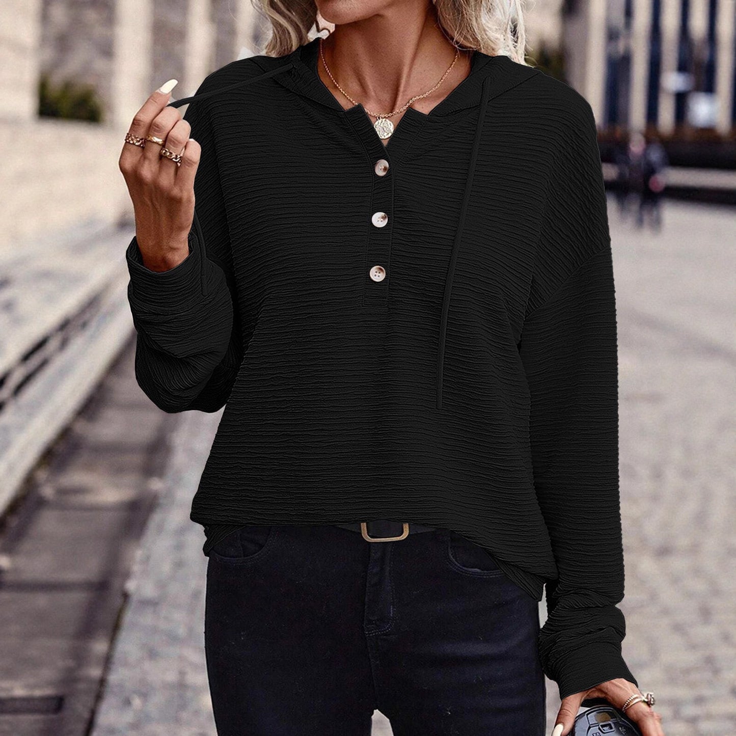 Damen Kapuzenshirt mit Knopfleiste und strukturierter Oberfläche Stalluxe