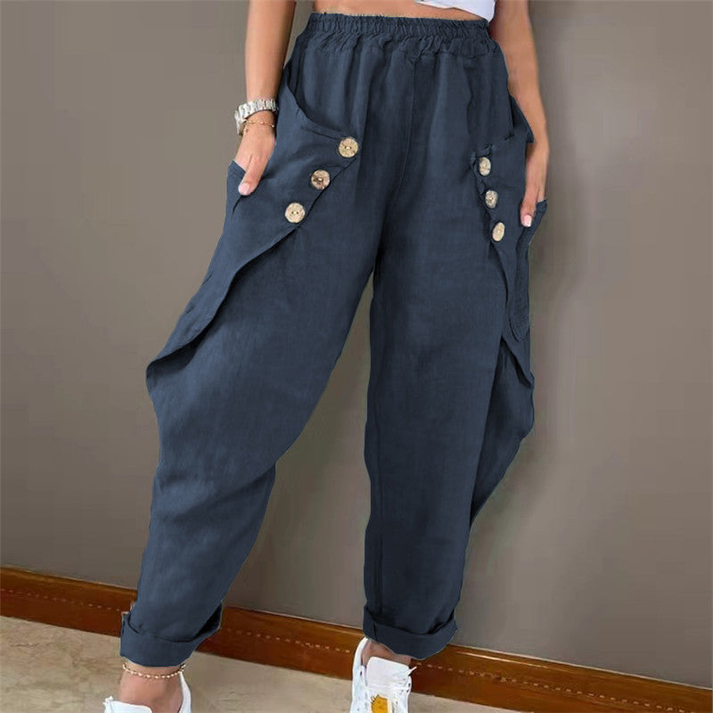 Damen Legere Leinenhose mit Knopfdetails und großen Taschen Stalluxe