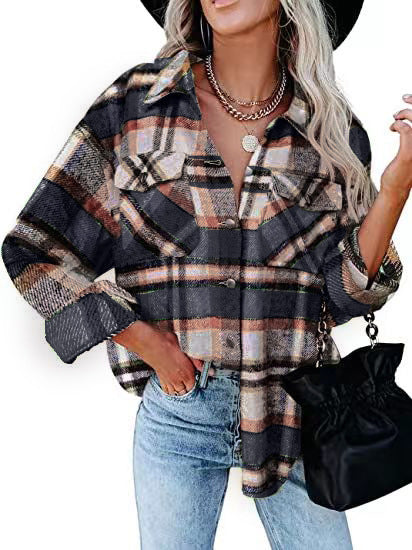 Damen Karierter Overshirt mit Knöpfen und Brusttaschen Stalluxe